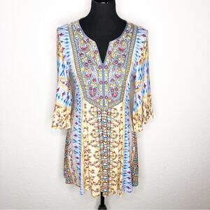 Soft Surroundings yellow blue mixed floral print embroidered tunic top‎ size XS